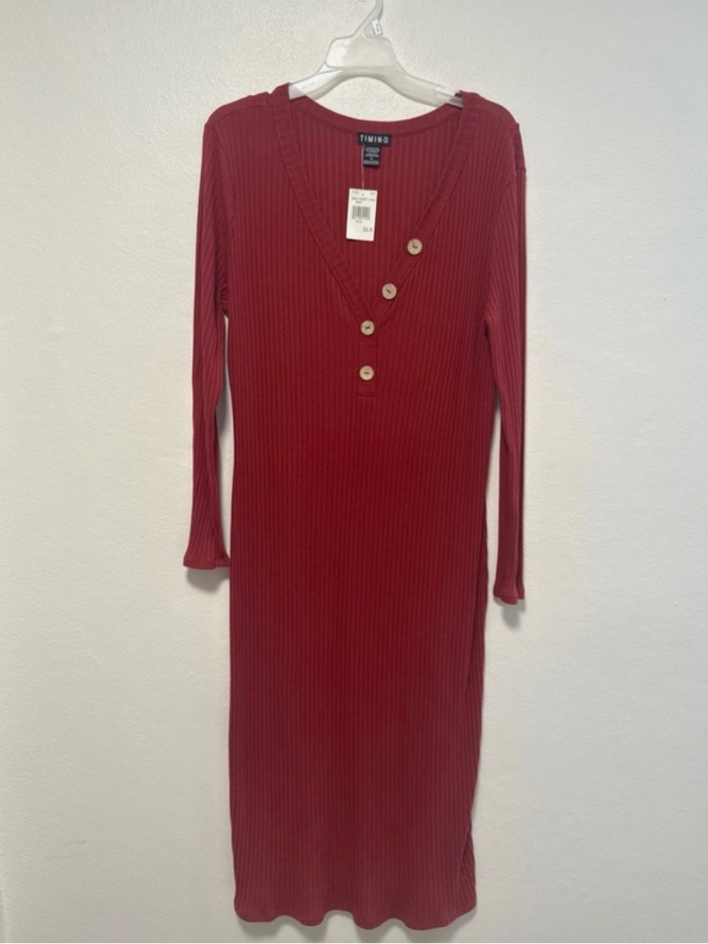 Timing Ribbed Button-Accent Long Sleeve Dress - Burgundy